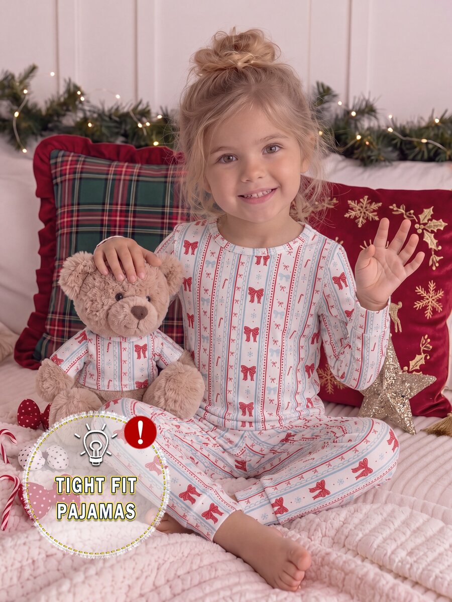 SHEIN Young Girl Christmas Bow Autumn/Winter Pajamas Snug Fit Long Sleeve Pants Print Snowflake - Multicolor - View 1