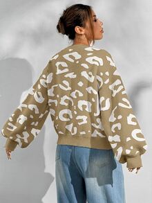 SHEIN Unity 寬鬆休閒街頭風復古百搭豹紋針織衫 旅行灰色豹紋款 秋冬 - 彩色 - 查看 3