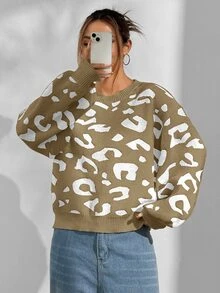SHEIN Unity 寬鬆休閒街頭風復古百搭豹紋針織衫 旅行灰色豹紋款 秋冬 - 彩色 - 查看 6