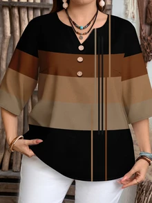 EMERY ROSE Women's Fashion Casual Striped Notched Neck 3/4 Sleeve Shirt - Multicolor - View 4