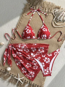 Swim Basics Floral Print Halter Neck Bikini Set With Tie Front Skirt For Summer Beach Vacation - Multicolor - View 4