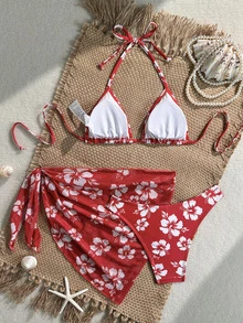 Swim Basics Floral Print Halter Neck Bikini Set With Tie Front Skirt For Summer Beach Vacation - Multicolor - View 2