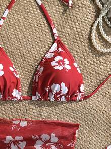 Swim Basics Floral Print Halter Neck Bikini Set With Tie Front Skirt For Summer Beach Vacation - Multicolor - View 5