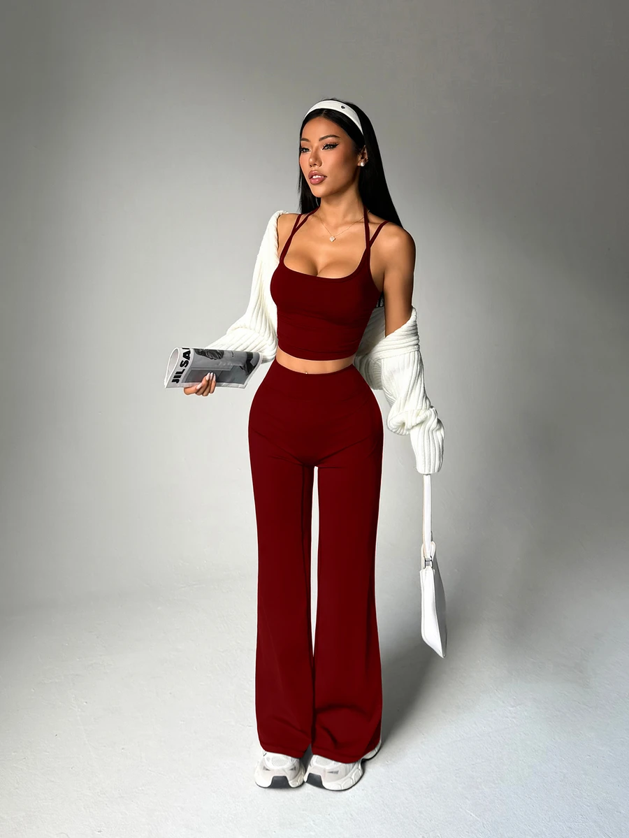 Dewbera Dewbera Women's Solid Color Cropped Camisole And Long Pants Sports Set - Burgundy - View 1
