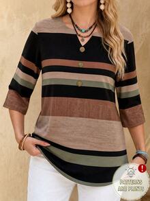 EMERY ROSE Women's Vacation Casual Colorblock Striped Shirt - Multicolor - View 3