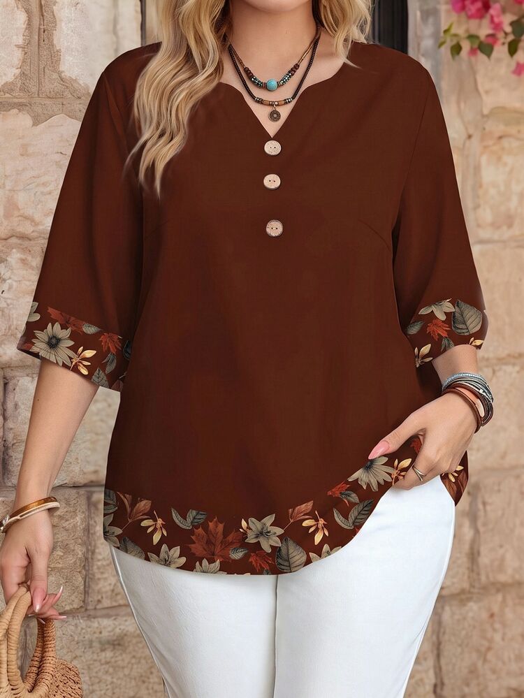 EMERY ROSE Women's Casual Notch Neck 3/4 Sleeve Printed Shirt, Summer,Summer Top - Multicolor - View 3