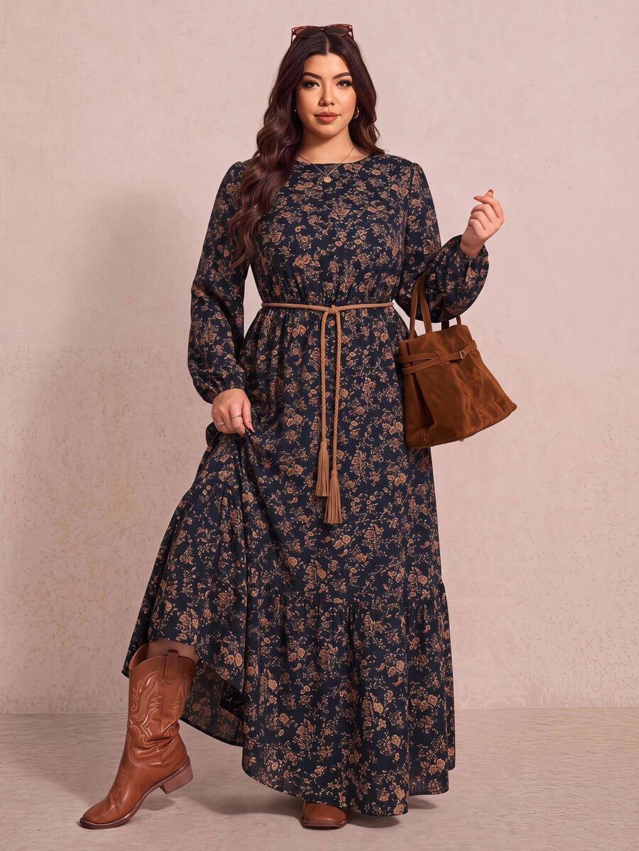 SHEIN CURVE+ Women's Plus Size 22W Vintage A-Line Midi Dress, Autumn/Winter Fall - Multicolor - View 1