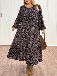 SHEIN CURVE+ Women's Plus Size 22W Vintage A-Line Midi Dress, Autumn/Winter Fall - Multicolor - View 6
