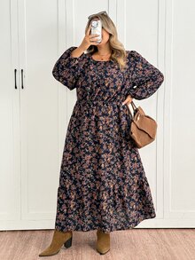 SHEIN CURVE+ Women's Plus Size 22W Vintage A-Line Midi Dress, Autumn/Winter Fall - Multicolor - View 8