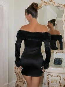 SHEIN Black Velvet Cold Shoulder Long Sleeve Bodycon Mini Dress For Women,Faux Fur Trim,Sexy Autumn Winter For Bar,Club,Night Out,Party,Halloween - Black - View 2