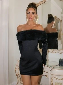 SHEIN Black Velvet Cold Shoulder Long Sleeve Bodycon Mini Dress For Women,Faux Fur Trim,Sexy Autumn Winter For Bar,Club,Night Out,Party,Halloween - Black - View 3