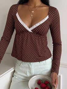 CovetEZ 秋季新款棕色波點白色蕾絲飾邊撞色休閒優雅浪漫女款撞色蕾絲心領長袖T恤，適合週年紀念、日常穿著、度假與夏季穿著 - 彩色 - 查看 4
