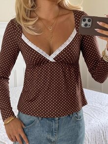 CovetEZ 秋季新款棕色波點白色蕾絲飾邊撞色休閒優雅浪漫女款撞色蕾絲心領長袖T恤，適合週年紀念、日常穿著、度假與夏季穿著 - 彩色 - 查看 3