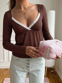 CovetEZ 秋季新款棕色波點白色蕾絲飾邊撞色休閒優雅浪漫女款撞色蕾絲心領長袖T恤，適合週年紀念、日常穿著、度假與夏季穿著 - 彩色 - 查看 5