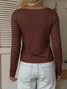 CovetEZ 秋季新款棕色波點白色蕾絲飾邊撞色休閒優雅浪漫女款撞色蕾絲心領長袖T恤，適合週年紀念、日常穿著、度假與夏季穿著 - 彩色 - 查看 2