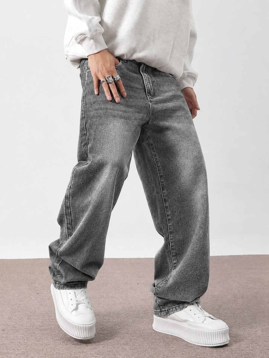 Manfinity Hypemode Men's Casual Relaxed Fit Straight Leg Jeans, Everyday Fashion - Light Grey - View 1