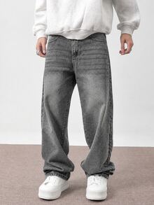 Manfinity Hypemode Men's Casual Relaxed Fit Straight Leg Jeans, Everyday Fashion - Light Grey - View 8