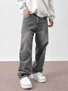 Manfinity Hypemode Men's Casual Relaxed Fit Straight Leg Jeans, Everyday Fashion - Light Grey - View 4