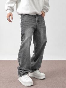 Manfinity Hypemode Men's Casual Relaxed Fit Straight Leg Jeans, Everyday Fashion - Light Grey - View 3