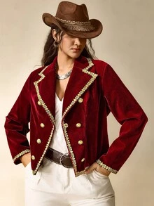 Nubod Rompi Wanita Ukuran Besar Warna Burgundy Kancing Logam Kancing Ganda Lengan Panjang untuk Musim Gugur - Burgundy - View 6