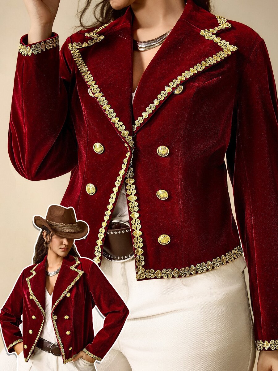 Nubod Rompi Wanita Ukuran Besar Warna Burgundy Kancing Logam Kancing Ganda Lengan Panjang untuk Musim Gugur - Burgundy - View 1