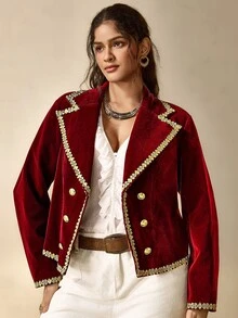 Nubod Rompi Wanita Ukuran Besar Warna Burgundy Kancing Logam Kancing Ganda Lengan Panjang untuk Musim Gugur - Burgundy - View 4