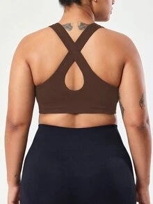SHEIN Unity Seamless Solid Color Wide Strap Pullover Sports Bra, Plus Size Women - Brown - View 2