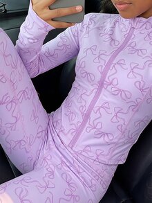 SHEIN 少女蝴蝶結印花拉鍊長袖外套搭配同款緊身褲運動可愛Y2K套裝健身薰衣草色秋季 - 紫色 - 查看 1