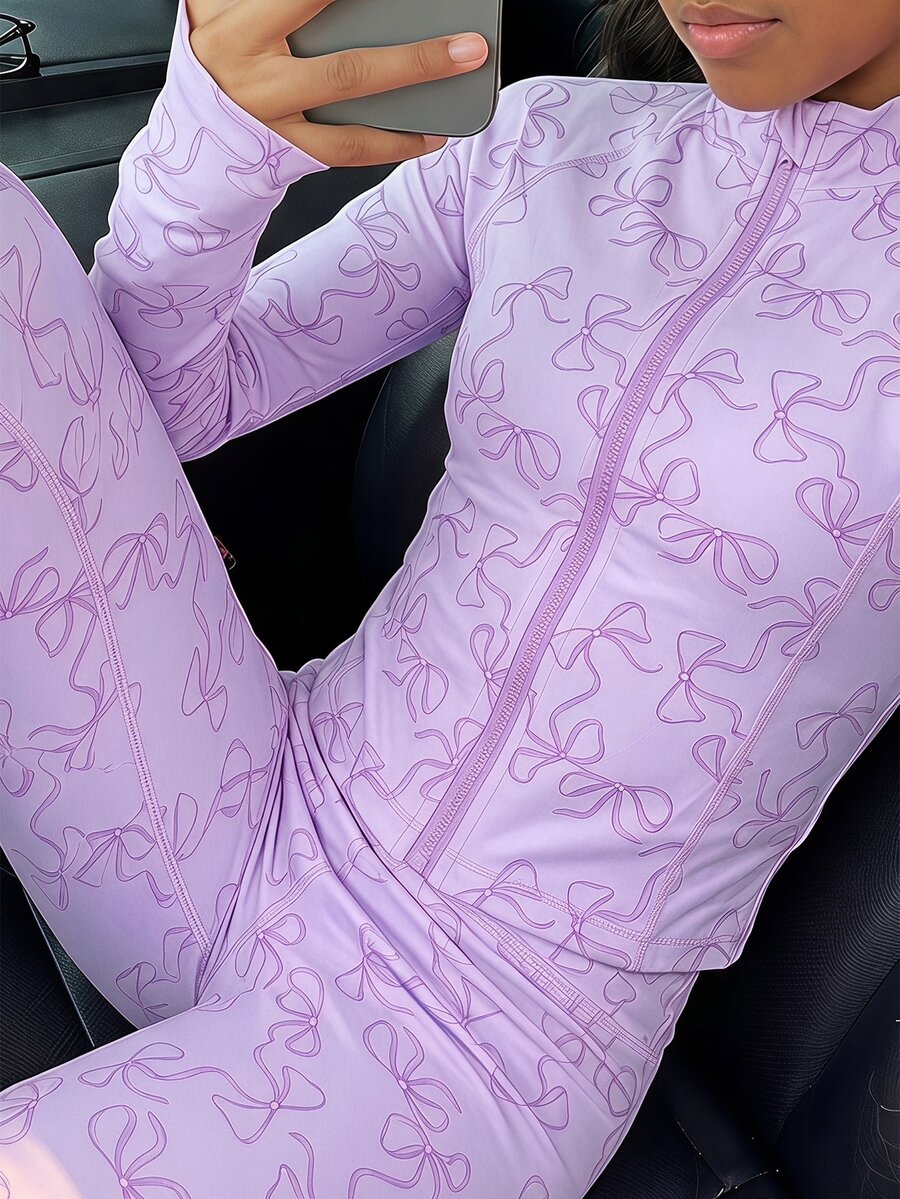 SHEIN 少女蝴蝶結印花拉鍊長袖外套搭配同款緊身褲運動可愛Y2K套裝健身薰衣草色秋季 - 紫色 - 查看 1