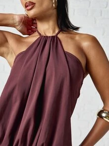 SUMWON WOMEN Halter Neck Draped Mini Dress With Elastic Waist And Gathered Bodice Detail - Perfect For Party And Holiday Nights - Burgundy - View 4
