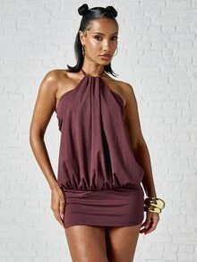 SUMWON WOMEN Halter Neck Draped Mini Dress With Elastic Waist And Gathered Bodice Detail - Perfect For Party And Holiday Nights - Burgundy - View 3