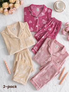 SHEIN بيجامة بنات حمراء من الفليس الكوري بتطريز قلب، كارديجان وبنطلون بأكمام طويلة، طقم من قطعتين - وردي مغبر - مشاهدة 9