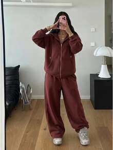 StreetHx Women's Casual Two Pieces Set Thermal Fleece Lined Oversized Zip Up Hoodie Wide Leg Pants Outfits Outdoor Dark Brown Co-Ords Winter Everyday - Brown - View 9