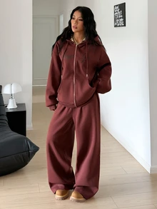 StreetHx Women's Casual Two Pieces Set Thermal Fleece Lined Oversized Zip Up Hoodie Wide Leg Pants Outfits Outdoor Dark Brown Co-Ords Winter Everyday - Brown - View 8