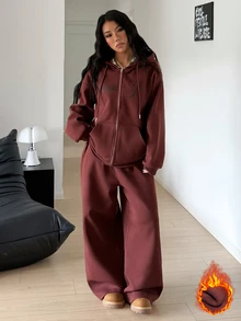 StreetHx Women's Casual Two Pieces Set Thermal Fleece Lined Oversized Zip Up Hoodie Wide Leg Pants Outfits Outdoor Dark Brown Co-Ords Winter Everyday - Brown - View 7