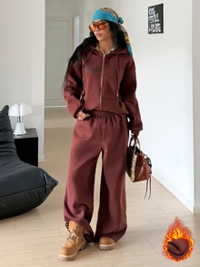StreetHx Women's Casual Two Pieces Set Thermal Fleece Lined Oversized Zip Up Hoodie Wide Leg Pants Outfits Outdoor Dark Brown Co-Ords Winter Everyday - Brown - View 1