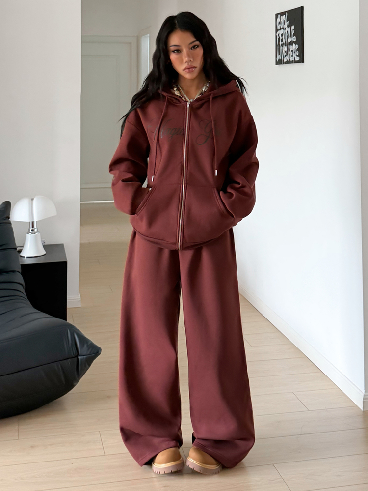 StreetHx 女款休閒兩件套保暖抓絨內裡寬鬆拉鍊連帽外套＋寬腿長褲套裝，戶外深棕色冬季日常穿搭 - 棕色 - 查看 5