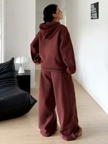 StreetHx Women's Casual Two Pieces Set Thermal Fleece Lined Oversized Zip Up Hoodie Wide Leg Pants Outfits Outdoor Dark Brown Co-Ords Winter Everyday - Brown - View 2