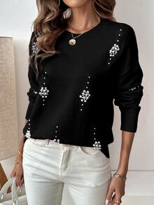 Omancia 休闲柔软珍珠镶嵌女士毛衣，长袖针织套头衫，秋冬款 - 黑色 - 查看 6