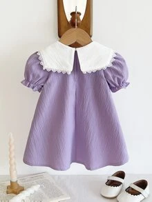 SHEIN Vintaside Kids 1件女婴舒适休闲纹理面料常规厚度领口可爱花卉刺绣A字基本款短袖时尚百搭连衣裙，适合春夏、居家、户外、旅行、上学和日常穿着 - 彩色 - 查看 3