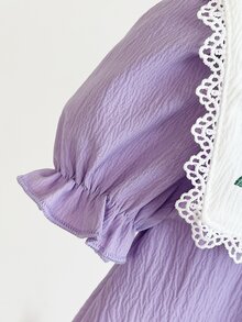 SHEIN Vintaside Kids 1件女婴舒适休闲纹理面料常规厚度领口可爱花卉刺绣A字基本款短袖时尚百搭连衣裙，适合春夏、居家、户外、旅行、上学和日常穿着 - 彩色 - 查看 8