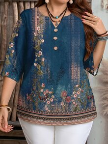 EMERY ROSE Women's Floral Print 3/4 Sleeve Button Design Casual Shirt,Summer Top - Multicolor - View 7