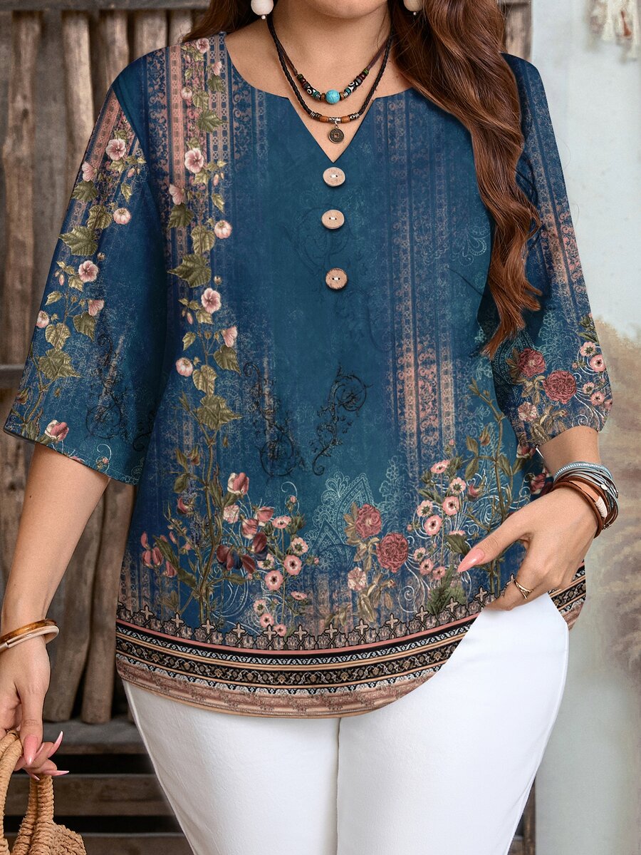 EMERY ROSE Women's Floral Print 3/4 Sleeve Button Design Casual Shirt,Summer Top - Multicolor - View 1