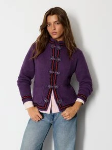 Nöista Purple Round Neck Knitted Cardigan Chinese Knot Buttons.Soft,Warm, Casual, Elegant, Retro And .Commuting Holiday Parties.Fall Winter,Going Out - Purple - View 3