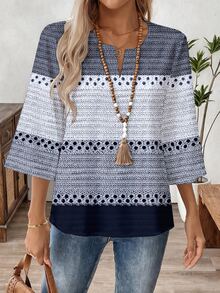 SHEIN LUNE Blus Kerja Wanita Lengan 3/4 Leher V, Musim Semi/Musim Gugur - MultiWarna - View 6