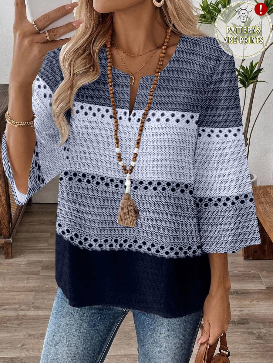 SHEIN LUNE Blus Kerja Wanita Lengan 3/4 Leher V, Musim Semi/Musim Gugur