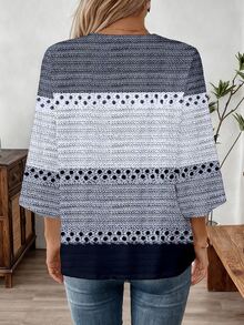 SHEIN LUNE Blus Kerja Wanita Lengan 3/4 Leher V, Musim Semi/Musim Gugur - MultiWarna - View 3
