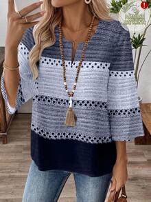 SHEIN LUNE Blus Kerja Wanita Lengan 3/4 Leher V, Musim Semi/Musim Gugur - MultiWarna - View 7
