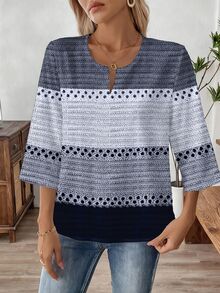 SHEIN LUNE Blus Kerja Wanita Lengan 3/4 Leher V, Musim Semi/Musim Gugur - MultiWarna - View 8