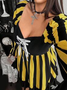 Whyspr 新款時尚哥德暗黑風萬聖節 Cosplay 黑白條紋元素網格裝飾繫帶設計長袖泡泡袖迷你洋裝蝴蝶結 - 黃色 - 查看 4